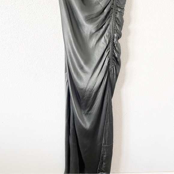 Shona Joy La Lune Olive Satin Ruched High Slit Formal Maxi Dress Gown - Picture 6 of 11